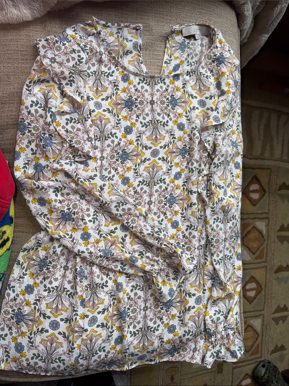 LOFT White Long-Sleeve Floral Dress with Blue & Yellow